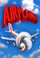 Title logo of the 1980 film "Airplane!" featuring a cartoon airplane soaring through a bright blue sky with clouds.