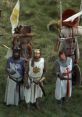 King Arthur and his knights in "Monty Python and the Holy Grail," ready for their comedic quest in a medieval setting.