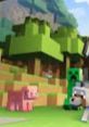 Minecraft scene featuring a pink pig, a green creeper, and a friendly wolf in a vibrant, blocky landscape.