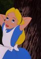 Alice from Disney's "Alice in Wonderland" looks up thoughtfully, wearing her signature blue dress and black bow.