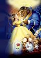 Belle dances with the Beast in a magical scene from "Beauty and the Beast" with enchanted friends and a glowing rose.