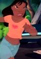 Lilo's friend in a pink shirt, running with determination in a scene from the animated movie Lilo & Stitch (2002).