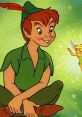 Peter Pan from the 1953 animated classic, smiling joyfully with Tinker Bell against a magical green backdrop.