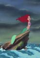 Ariel stands on a rock amidst crashing waves, looking towards the horizon in "The Little Mermaid" (1989) with longing.