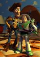 Woody and Buzz Lightyear pose together in a colorful room, celebrating friendship from "Toy Story" (1995). Classic Pixar duo.