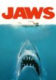 Iconic "Jaws" movie poster featuring a great white shark approaching a swimmer in deep blue water.