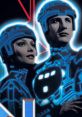 Retro TRON (1982) characters with iconic blue outfits and illuminated helmets, capturing the essence of digital adventure.