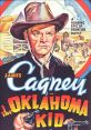 James Cagney in "The Oklahoma Kid" poster, showcasing a classic Western with gunfights and frontier themes.