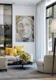 Modern living room featuring vibrant accents, abstract art, and stylish decor with yellow and gray color scheme.