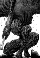 Guts from Berserk kneels in imposing armor, gripping a massive sword, surrounded by a dark, swirling ominous mist.