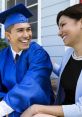 Smiling graduate in blue cap and gown shares a joyful moment with supportive parent on graduation day.