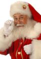 Santa Claus in a red suit, white gloves, and a festive hat, looking over his glasses with a jolly expression.