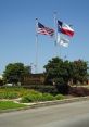 Flagpoles displaying the American and Texas flags at the entrance of Meadows Place, Texas, surrounded by lush greenery.