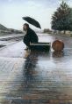 Woman waiting at a rainy train station, holding an umbrella next to her luggage, evoking feelings of anticipation and solitude.