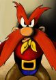 Yosemite Sam with his signature red hair and mustache, dressed in a cowboy outfit, exuding a fierce attitude.