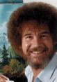 Bob Ross smiling with a landscape painting in the background, embodying creativity and joy in art.