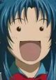 Cheerful anime character with blue hair and a big smile, showcasing the humor and charm of funny anime expressions.