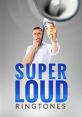 Person using a megaphone, promoting "Super Loud Ringtones" with bold blue text emphasizing high volume messaging.