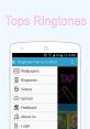 User interface of the "Ringtones Free for Android" app showcasing features like wallpapers, videos, and uploads.