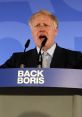 Boris Johnson passionately addressing support for Brexit at a rally, emphasizing leadership with "Back Boris" backdrop.