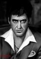 Tony Montana, iconic character from Scarface, portrayed with intense expression and signature style in black and white art.