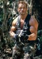 Dutch from Predator holds an assault rifle, ready for action in a dense jungle, showcasing muscular build and intense focus.