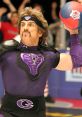 White Goodman in a dramatic dodgeball throw, wearing a purple uniform, showcasing competitive spirit in "Dodgeball.