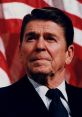 Portrait of Ronald Reagan with an earnest expression, set against a backdrop of the American flag, symbolizing patriotism.