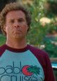 Brennan from Step Brothers with curly hair, wearing a vintage beach-themed shirt, outdoors in a casual setting.