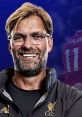 Jurgen Klopp smiling with Liverpool branding, showcasing his leadership and connection with star player Mohamed Salah.