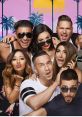 Cast of Jersey Shore striking fun poses with sunglasses, surrounded by palm trees and a colorful sunset backdrop.