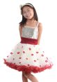 Cheerful girl in a sparkling dress with red lips design, perfect for playful occasions and fun fashion moments.