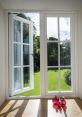 Modern double windows open to a sunny garden, showcasing elegant home design with pink decorative bottles on a wooden surface.