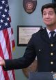 Captain CJ from Brooklyn Nine-Nine gestures confidently, standing in front of an American flag and awards on the wall.