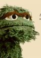 Oscar The Grouch puppet with a grumpy expression, showcasing his signature green, furry texture and iconic eyes.