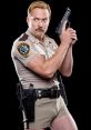 Lt. Jim Dangle from Reno 911! strikes a pose with a gun, showcasing his iconic sheriff uniform and mustache.