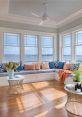 Bright sunroom with coastal decor, inviting seating, and views of calm waters, perfect for relaxation and inspiration.