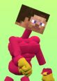 Pixelated character with oversized head and muscular pink body striking a dynamic pose, embodying playful animation style.