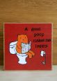 Whimsical illustration of a cat on a toilet, enjoying a good poop while reading, with humorous text about happiness.