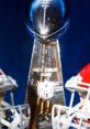 Super Bowl trophy displayed between two football helmets, symbolizing competition and excitement for Your Superbowl event.