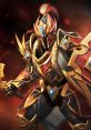 Majestic Dragon Knight from Dota, armored in gold and red, wielding an axe with a fierce pose against a dark background.