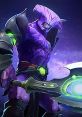 Faceless from Dota stands menacingly, showcasing his signature purple armor and powerful weapon against a cosmic backdrop.