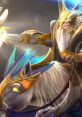 Keeper of the Light from Dota, adorned in golden armor, riding a majestic horse with vibrant feathers.