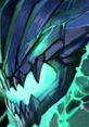 Close-up of Outworld Devourer's menacing face, showcasing its dark sheen and glowing green elements, emblematic of Dota's power.