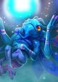 Puck from Dota, a mystical blue creature, floating in a cosmic scene with vibrant colors and whimsical expression.