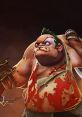 Pudge from Dota, known for his iconic appearance, wielding a meat hook with a gruesome, blood-stained outfit.