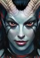 Close-up of Queen of Pain from Dota, featuring her striking red eyes, dark hair, and distinctive horns.