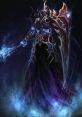 Razor from Dota, an ethereal figure wielding a powerful weapon, surrounded by a mystical blue aura and shadowy effects.