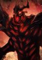 Shadow Fiend from Dota, featuring a menacing red and black armor, surrounded by fiery chaos and a dark atmosphere.