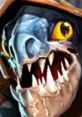 Close-up of Slark from Dota, showcasing his menacing teeth and vibrant yellow eyes, highlighting his fierce persona.